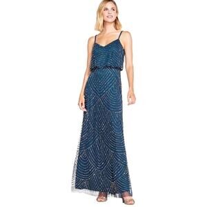 Adrianna Papell Art Deco Long Sequin Beaded Blouson Formal Dress Peacock Blue